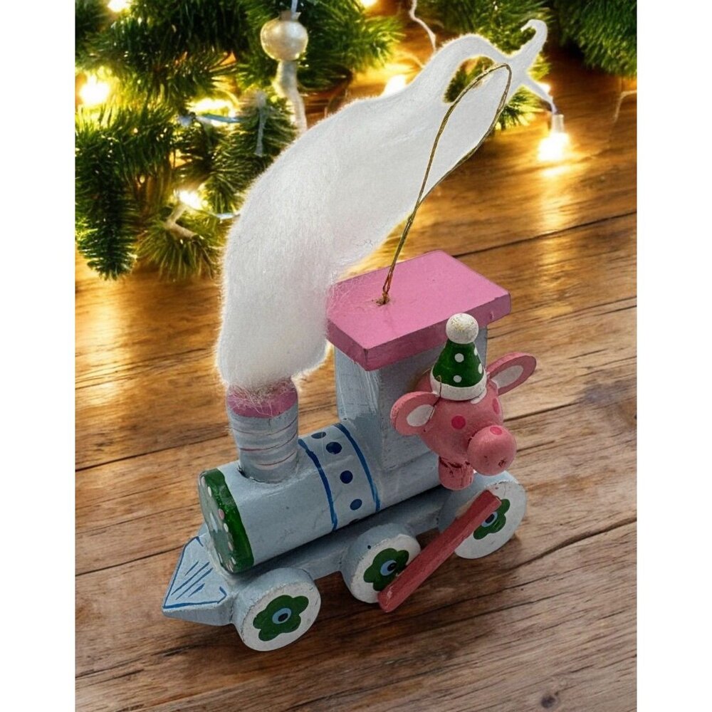 Vintage Wooden Train Christmas Ornament Santa Pig Face Cotton Smoke Hand Painted